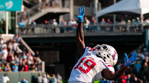 Ole Miss wide receiver Dayton Wade hauled in seven passes for 106 yards on Saturday against Tulane, including this catch that went for 43 yards. 